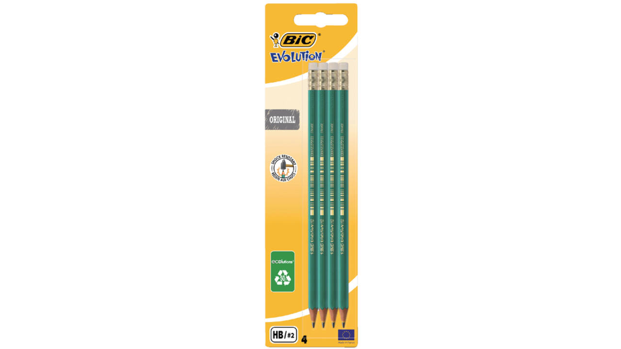 Potlood Bic Evolution ecolutions zeshoekig HB met gumtop blister à 4 stuks
