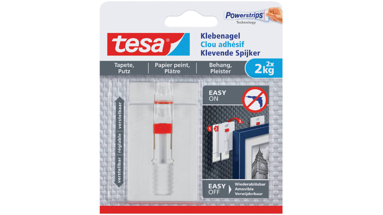 Klevende spijker tesa® behang en pleisterwerk 2kg verstelbaar wit 2 stuks