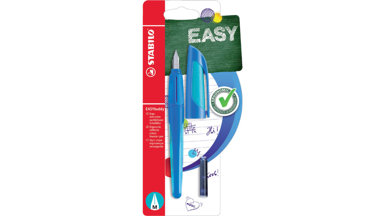 Vulpen STABILO Easybuddy rechtshandig medium donkerblauw/lichtblauw blister à 1 stuk