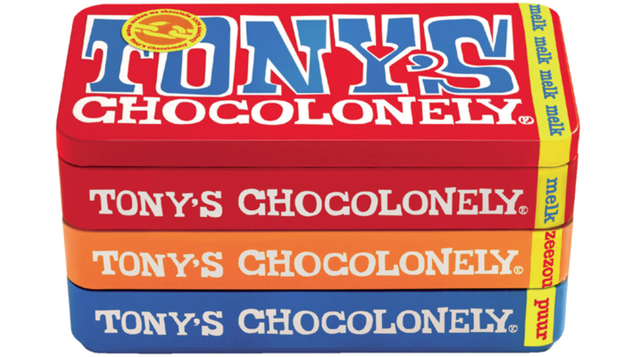 Chocolade Tony's Chocolonely puur-melk en karamel zeezout blik 540gr