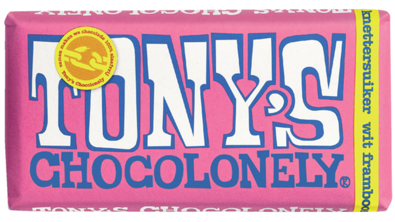 Chocolade Tony's Chocolonely wit framboos knettersuiker reep 180gr