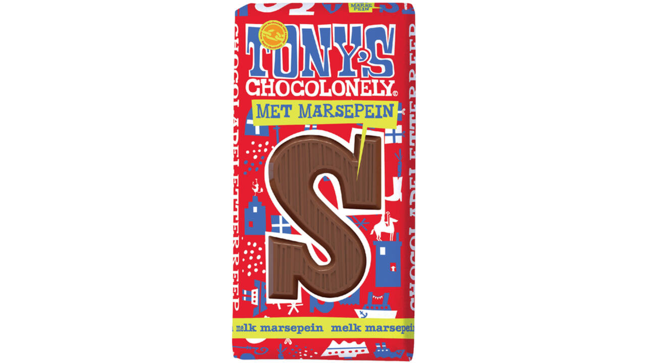 Chocoladeletter Tony's Chocolonely melk marsepein S 180gr