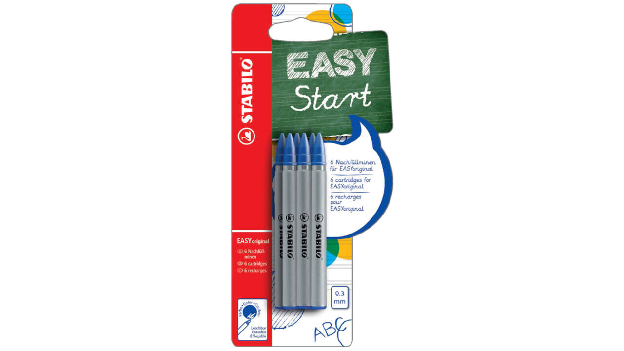 Rollerpenvulling STABILO Easyoriginal fijn blauw blister à 6 stuks