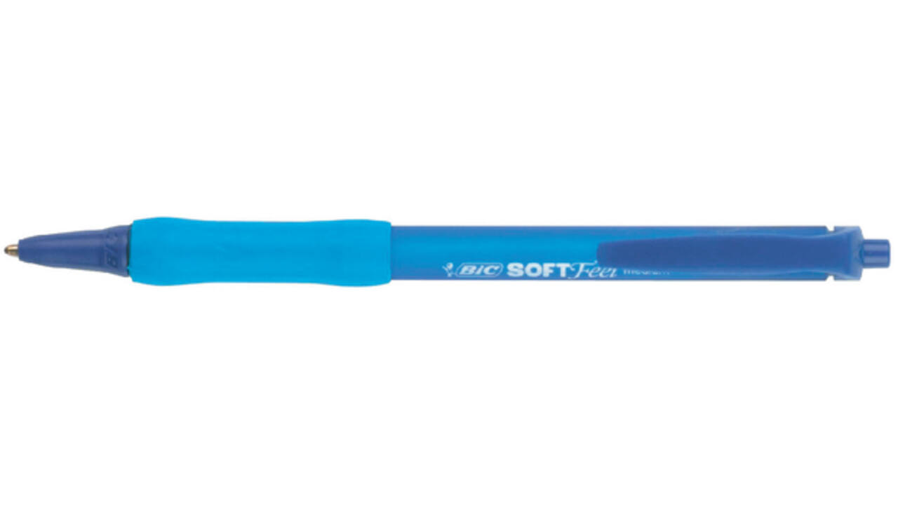 Balpen Bic soft feel clic Grip blauw medium blister à 15 stuks