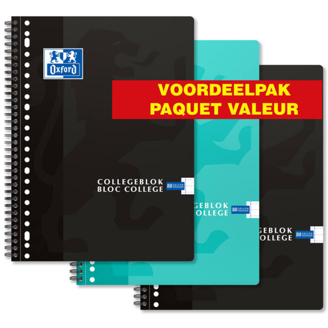 Collegeblok Oxford School A4+ lijn 23-gaats 160 pagina's 80gr voordeelpak assorti