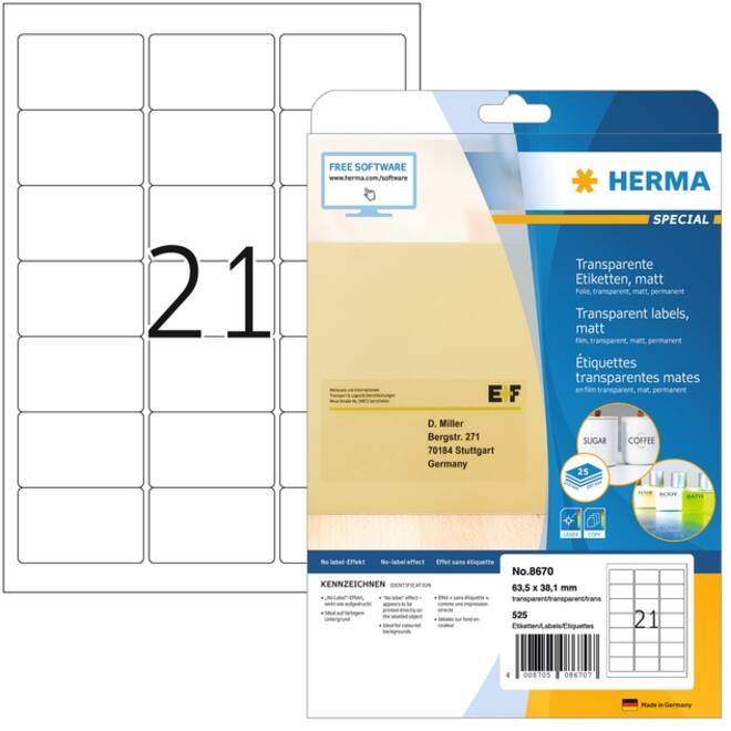 Etiket HERMA 8670 A4 63.5x38.1mm folie transparant mat 525st