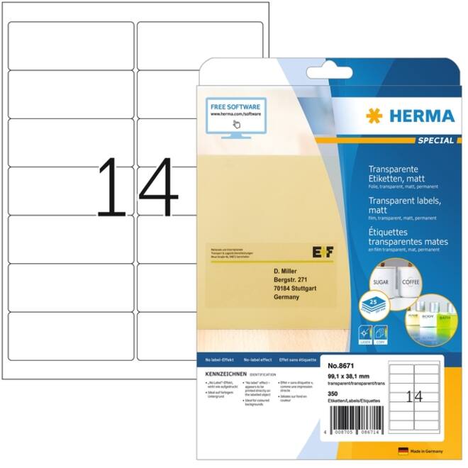 Etiket HERMA 8671 A4 99.1x38.1mm folie transparant mat 350st