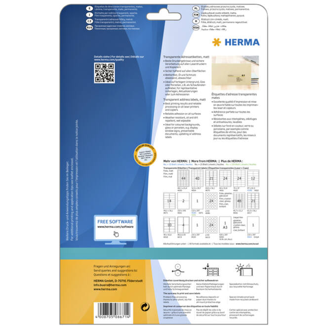 Etiket HERMA 8671 A4 99.1x38.1mm folie transparant mat 350st