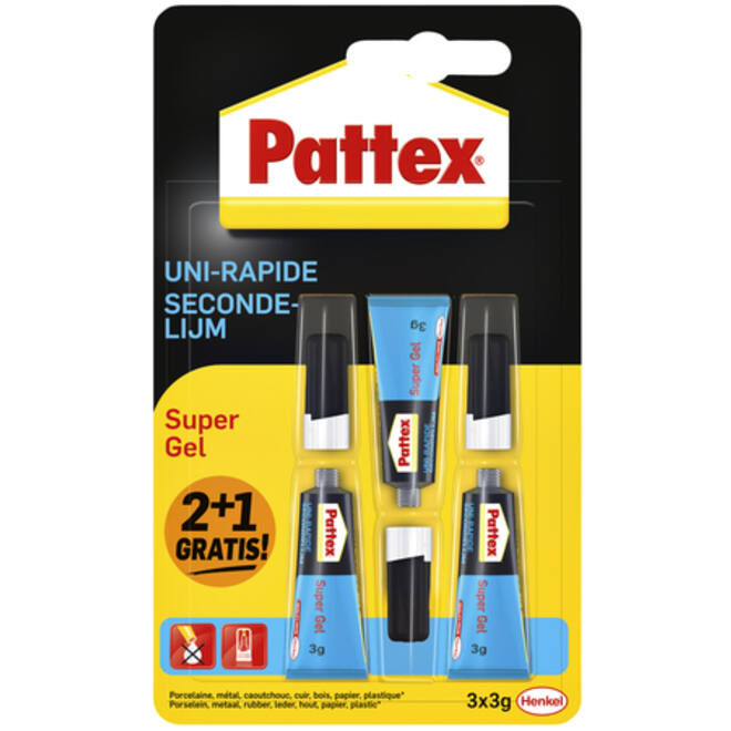 Secondelijm Pattex super gel 3gr 2+1 gratis