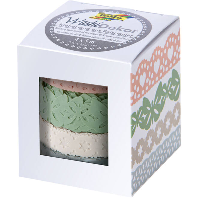 Washi tape Folia kant pastel 2x 15mmx5m 2x 10mmx5m 4 designs 4 kleuren