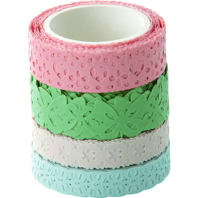 Washi tape Folia kant pastel 2x 15mmx5m 2x 10mmx5m 4 designs 4 kleuren