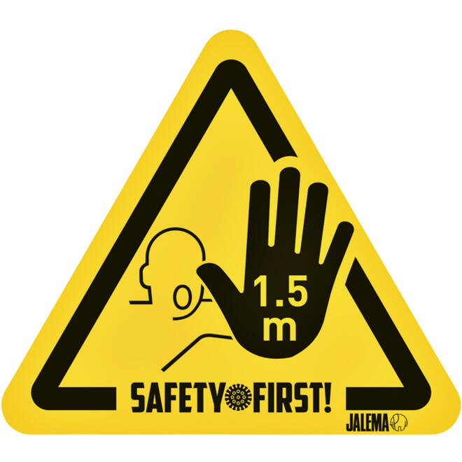 Waarschuwingssticker Djois houd afstand hand 150 x 170 mm geel/zwart