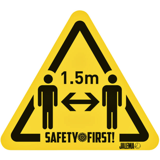 Waarschuwingssticker Djois houd afstand pijl 150 x 170 mm geel/zwart