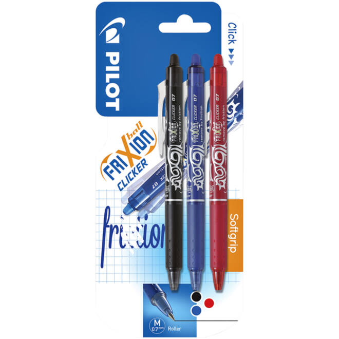 Rollerpen PILOT friXion clicker medium assorti blister à 3 stuks