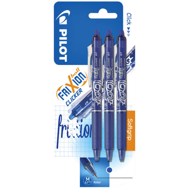 Rollerpen PILOT friXion clicker medium blauw blister à 3 stuks