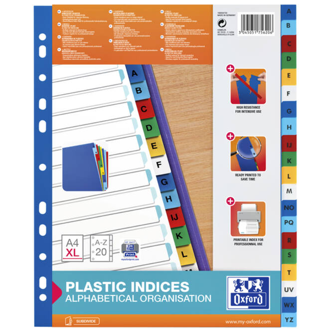 Tabbladen Oxford A4+ 11-gaats 20-delig A-Z PP kleur