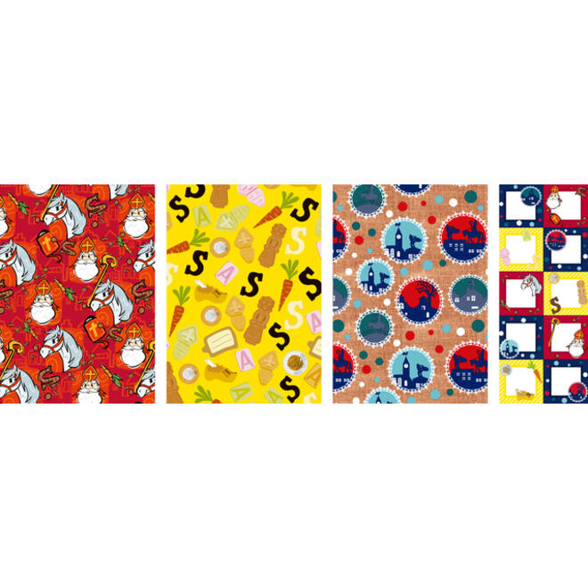 Inpakpapier sint 200x70cm set à 3 rollen + stickervel assorti