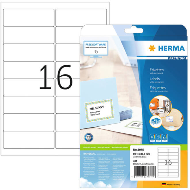 Etiket HERMA 5075 A4 99.1x33.8 mm premium 400stuks wit