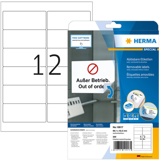 Etiket HERMA 10017 A4 99.1x42.3mm verwijderbaar wit