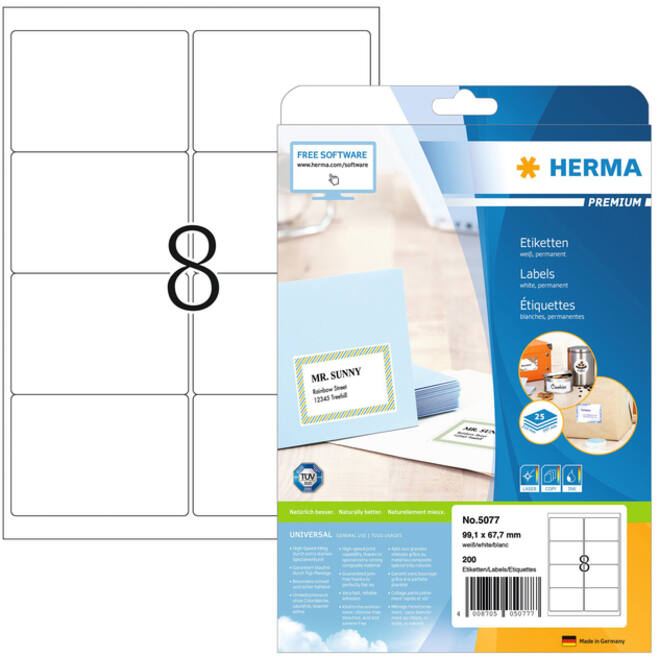 Etiket HERMA 5077 A4 99.1x67.7mm premium 200stuks wit