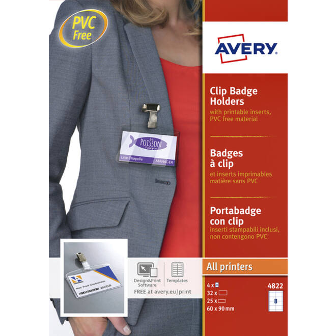 Badge Avery met clip 4822 60x90mm 25 stuks + 32 insteekkaarten