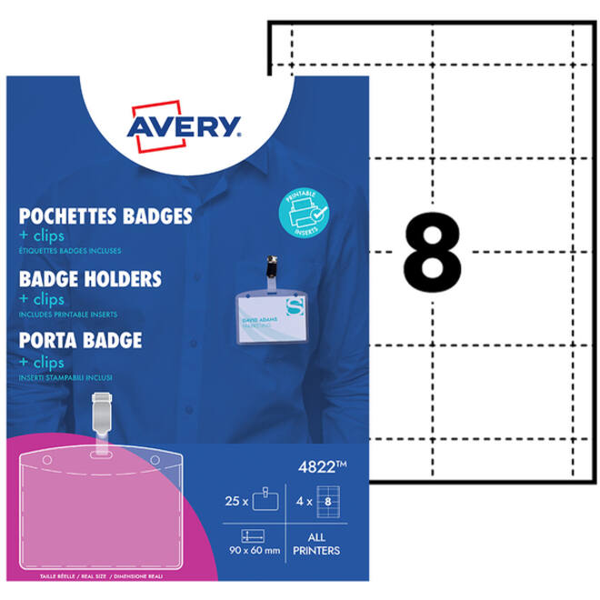 Badge Avery met clip 4822 60x90mm 25 stuks + 32 insteekkaarten