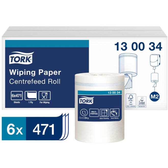 Poetspapier Tork M2 centerfeed 1-laags 165m wit 130034