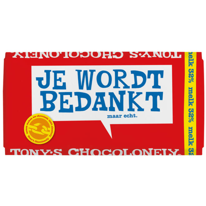 Chocolade Tony's Chocolonely melk bedankt reep 180gr