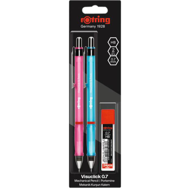 Vulpotlood rOtring Visuclick 2B 0.7mm blister à 2 stuks assorti + extra potloodstiften