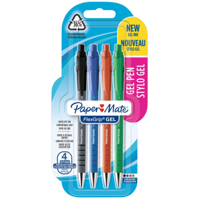 Gelschrijver Paper Mate Flexgrip 0.7mm blister à 4 kleuren