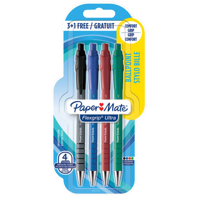 Balpen Paper Mate Flexgrip Ultra medium assorti blister 3+1 gratis