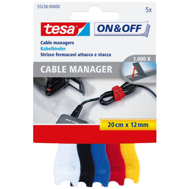 Kabelmanager tesa® On & Off 12mmx20cm diverse kleuren 5 stuks