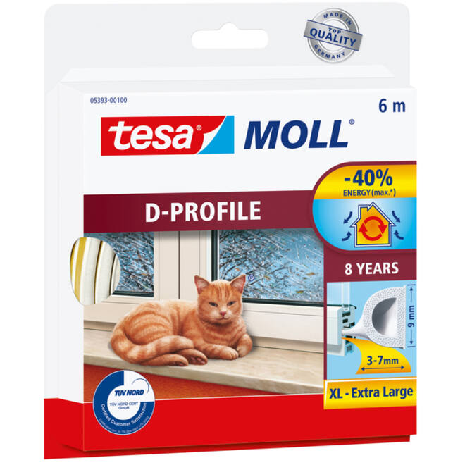Tochtstrip tesamoll® D-profiel rubber 6mx7mm wit