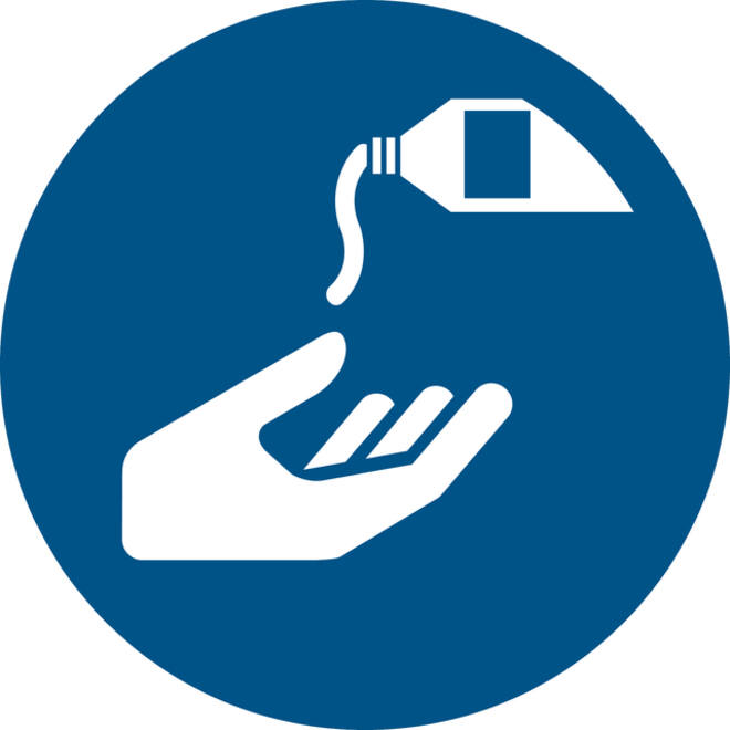 Pictogram bordje Djois Handen ontsmetten verplicht Ø 200mm Blauw