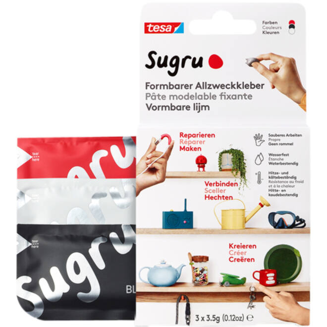 Kneedbare hobbylijm Sugru by tesa® sterke alleslijm 3 pakken zwart wit rood