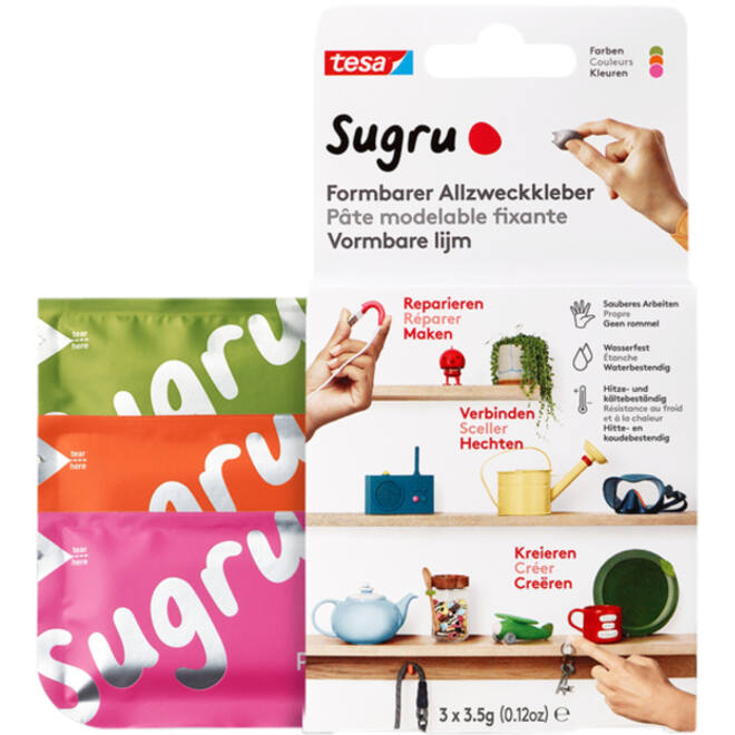 Kneedbare hobbylijm Sugru by tesa® sterke alleslijm 3 pakken roze oranje groen