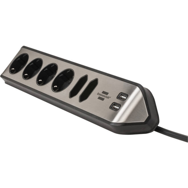 Stekkerdoos Brennenstuhl bureau Estilo 6 voudig inclusief 2 USB 2 meter zwart/zilver