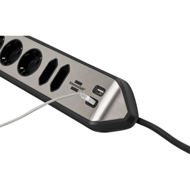 Stekkerdoos Brennenstuhl bureau Estilo 6 voudig inclusief 2 USB 2 meter zwart/zilver