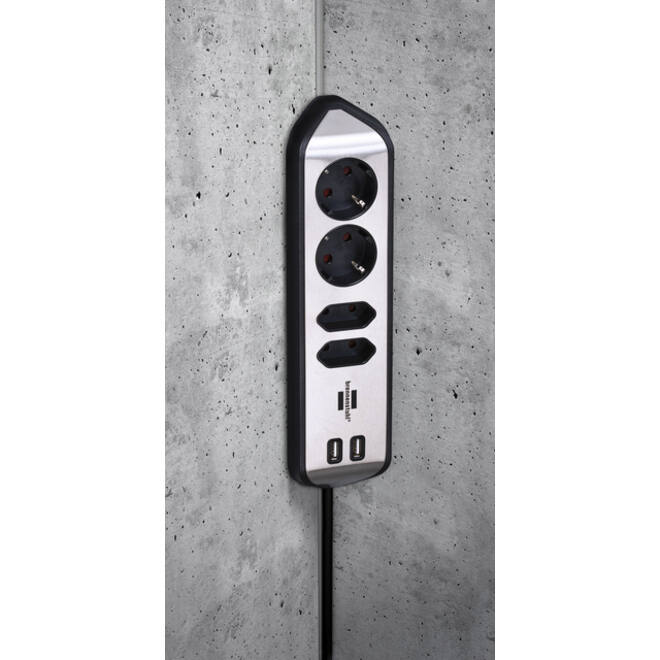 Stekkerdoos Brennenstuhl bureau Estilo 4 voudig inclusief 2 USB 2 meter zwart/zilver