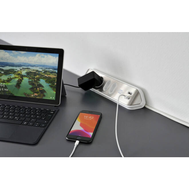 Stekkerdoos Brennenstuhl bureau Estilo 4 voudig inclusief 2 USB 2 meter wit/zilver