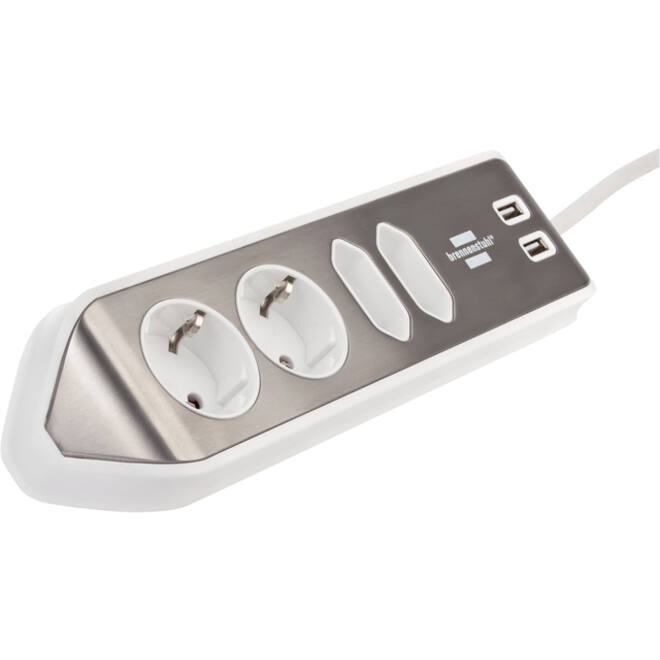 Stekkerdoos Brennenstuhl bureau Estilo 4 voudig inclusief 2 USB 2 meter wit/zilver