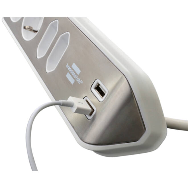 Stekkerdoos Brennenstuhl bureau Estilo 4 voudig inclusief 2 USB 2 meter wit/zilver