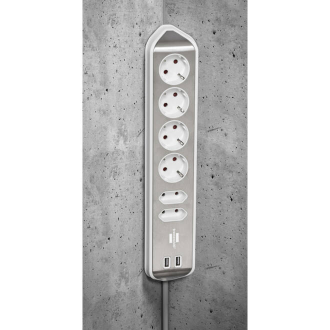 Stekkerdoos Brennenstuhl bureau Estilo 6 voudig inclusief 2 USB 200cm wit/zilver