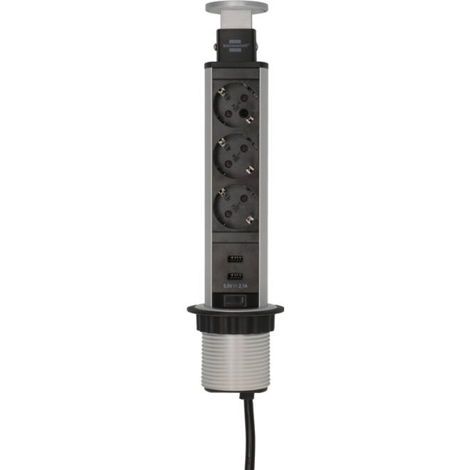 Stekkerdoos Brennenstuhl toren 3 voudig inclusief 2 USB 2 meter zwart/zilver