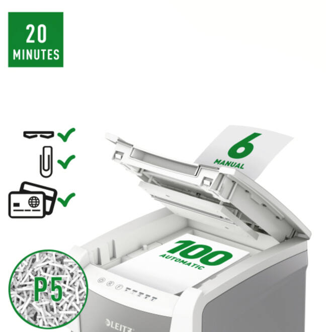 Papiervernietiger Leitz IQ Auto+ Small Office 100 P5 snippers 2x15mm