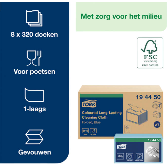 Reinigingsdoek Tork Long Lasting W8 multifunctioneel gevouwen blauw 194450