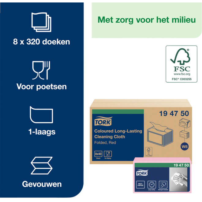Reiningingsdoek Tork Long Lasting W8 multifunctioneel rood 194750