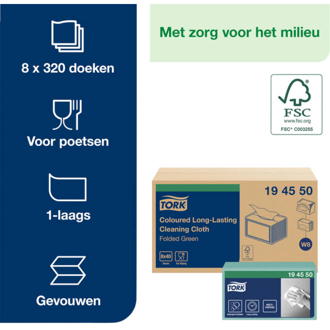 Reinigingsdoek Tork Long lasting W8 multifunctioneel groen 194550