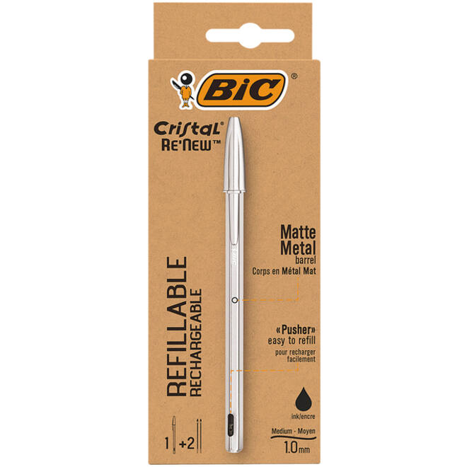 Balpen Bic Cristal Re-new medium zwart blister à 1 balpen + 2 vullingen