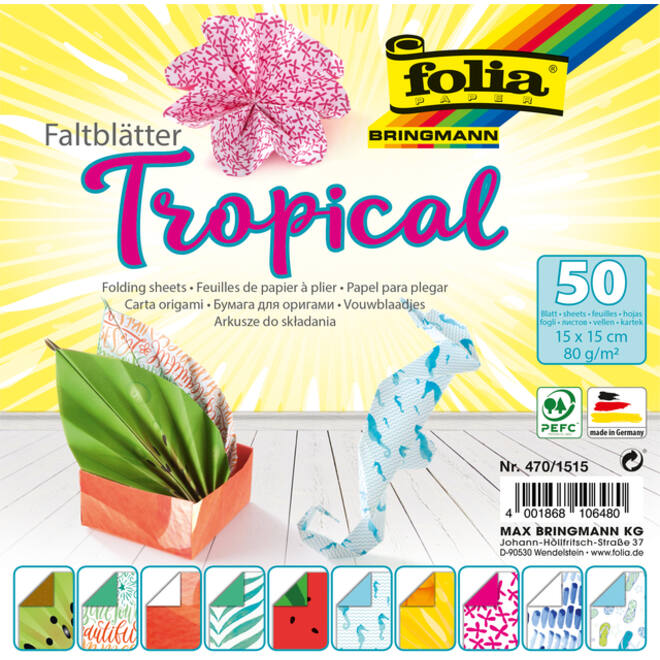 Vouwblaadjes Folia 80gr 15x15cm 50 vel 2-zijdig 10 tropical designs